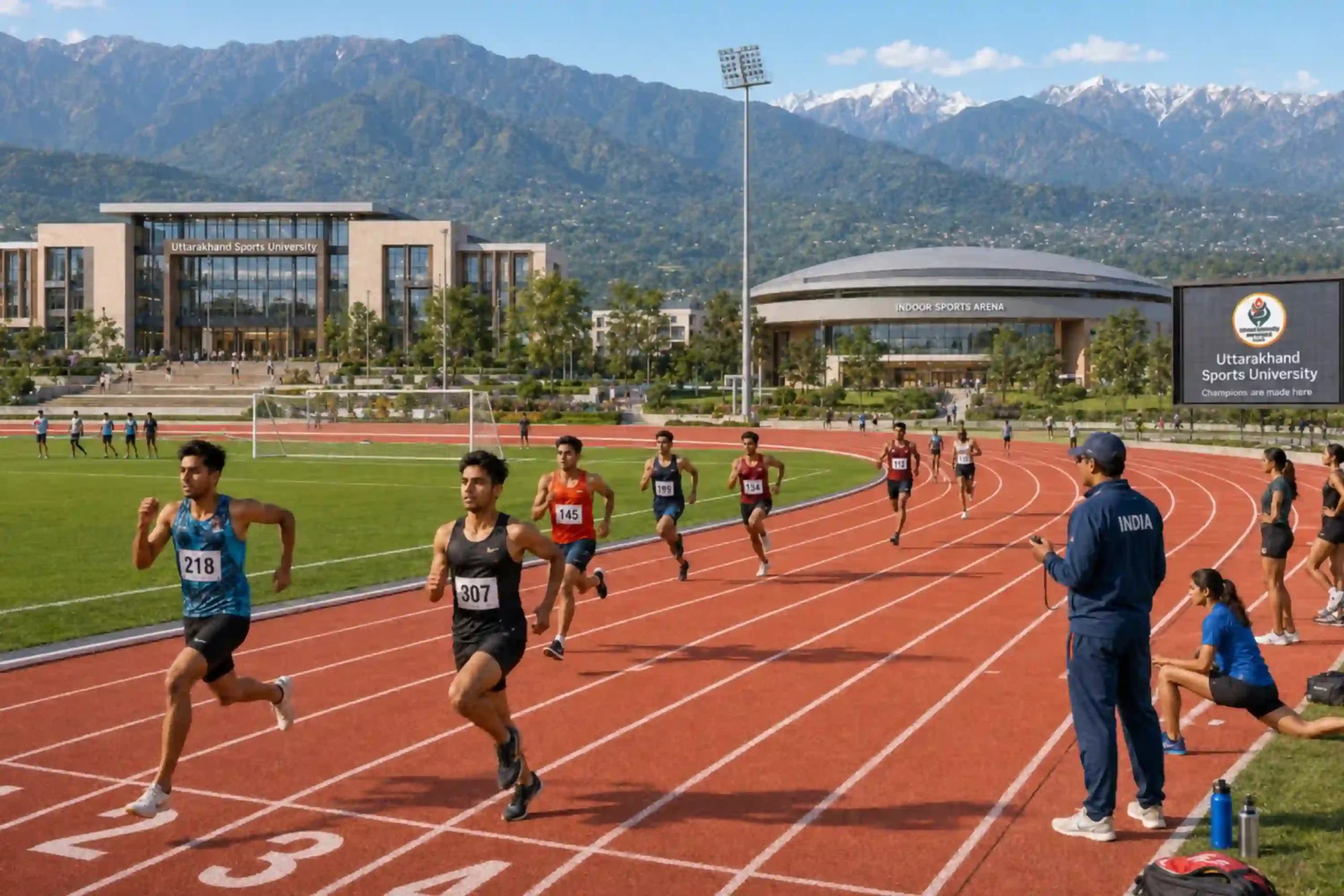 Uttarakhand Sports University Haldwani running track with athletes