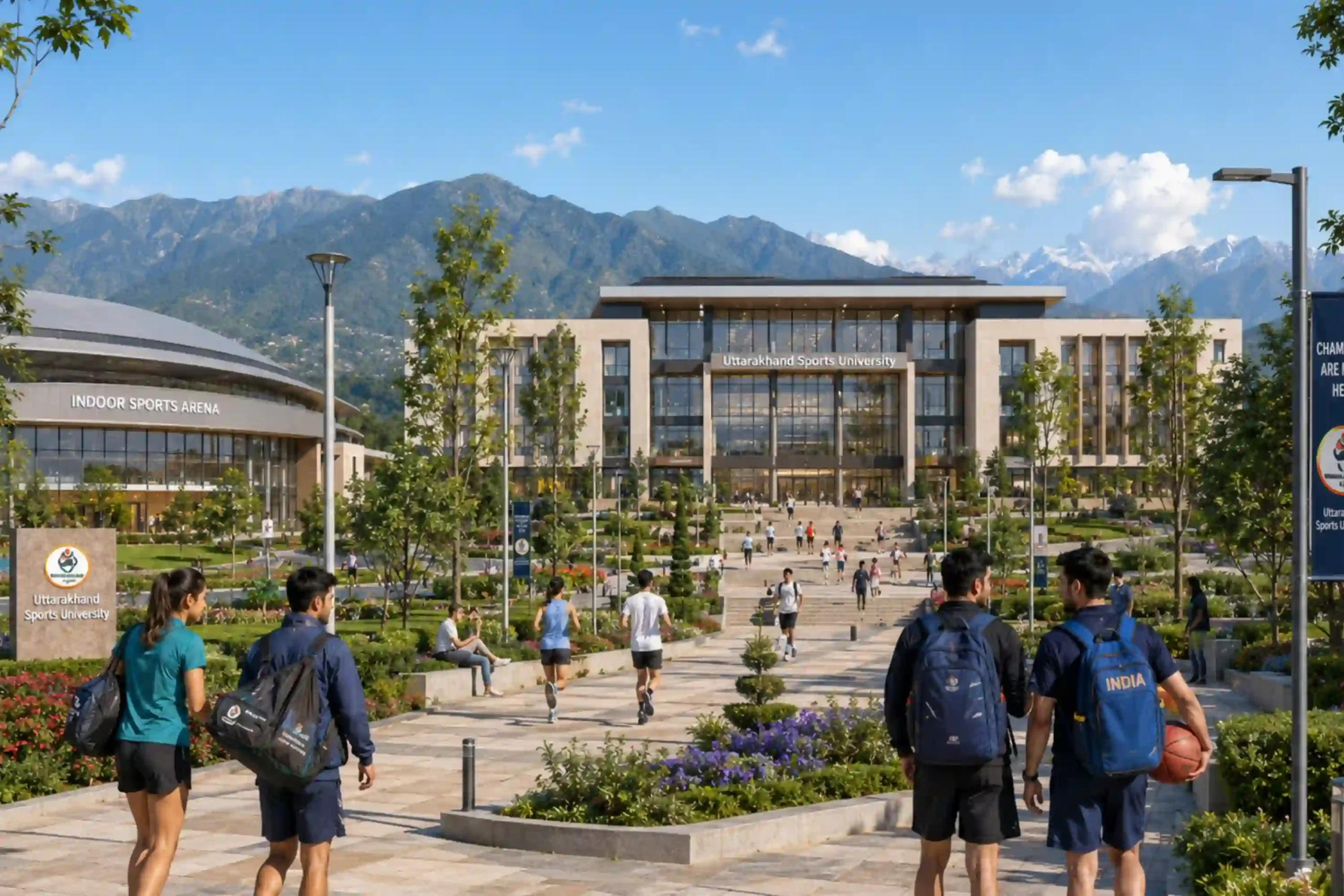 Uttarakhand Sports University Haldwani campus entrance with students