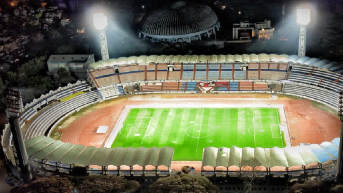 Aerial night view of Sree Kanteerava Stadium, the start and finish point of the Wipro Bengaluru Marathon 2026