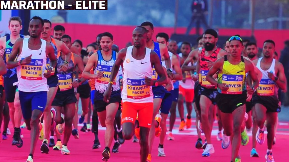 Elite runners and pacers at the start line of the Tata Mumbai Marathon