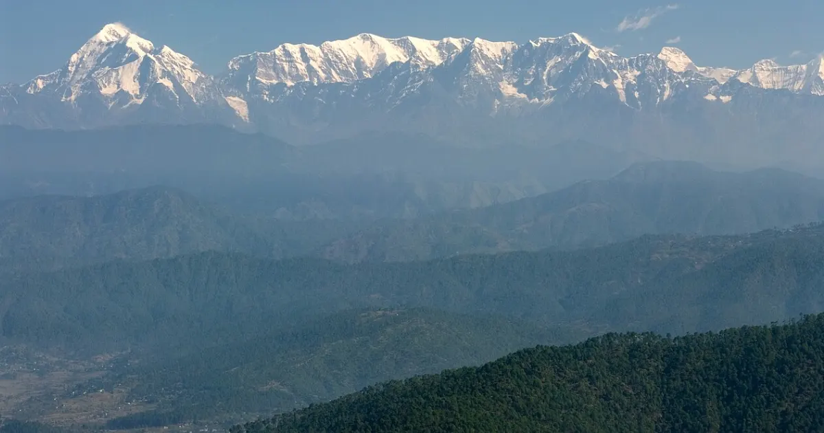 Panoramic Himalayan mountain views from Kausani hill station in Bageshwar district