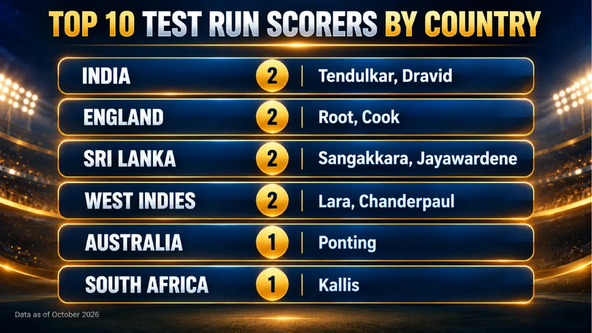 Top 10 Test run scorers by country, India England Sri Lanka West Indies Australia South Africa
