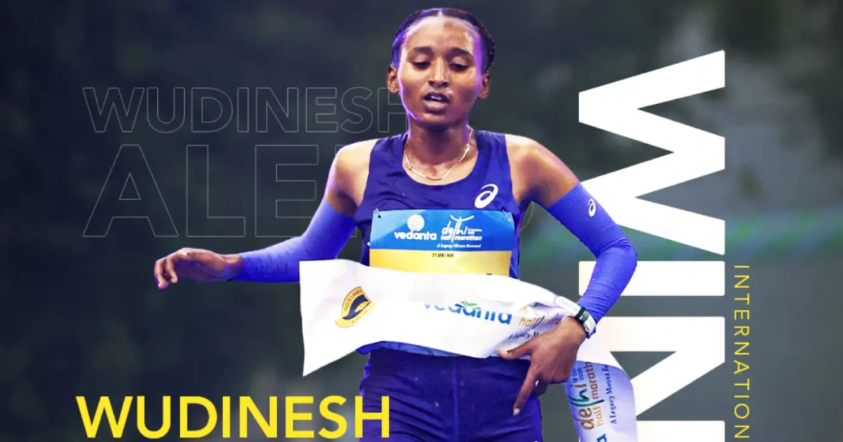Wudinesh Alemu of Ethiopia wins the women's elite race at the Vedanta Delhi Half Marathon 2026 in 1:06:35